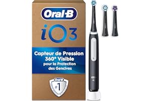 Oral-B Brosse A Dents Electrique iO 3 Noire, 3 Modes De Nettoyage Dont Blancheur, Brossage Silencieux, Capteur De Pression, 3 Brossettes De Rechange Oral B, Embouts Ronds, Chargeur, En Carton