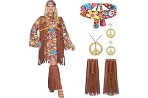 Spooktacular Creations Conjunto de disfraz de hippie para mujer, diadema, aretes, vestido, chaleco, calcetines, fundas para botas, atuendo hippie de los años 70 para disfraces de Halloween-M
