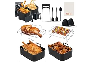 A-FINITY Air Fryer Accessories Set of 12 Pcs for Ninja Dual Air Fryer AF300UK AF400UK Tower T17088 Other 7.6L-9.5L Dual Air Fryers, Silicone Liners, Racks & Gloves, Tongs & Brush, Clip & Paper Lining