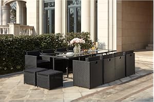 CONCEPT USINE | Salon de Jardin Encastrable Résine Tressée 12 Personnes | Miami Noir Coussins Noir | Table Plateau de Verre Amovible + 8 Fauteuils + 4 poufs | Coussins Déhoussables | Résiste à l'eau