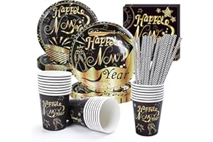 Forfamy Neujahr Partygeschirr schwarz Gold Set, 121 Stück Neujahr Party Geschirr Set, Platten Servietten Strohhalme Partybecher Tischdecke für Weihnachten Neujahr Party Dekoration (24 Gäste)