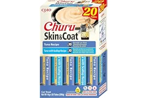 INABA Churu Skin & Coat Snack per Gatti Cremoso in 2 Varietà al Tonno - 20 Stick x 14g - Cibo per Gatti con Omega 3 e 6, Taurina e Vitamina E per la Salute di Pelle e Pelo, Snack Gatto Funzionale