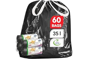 STELLA PACK Stella Lot de 60 sacs poubelle de 35 l avec cordon de serrage, robustes et indéchirables, noirs, fabriqués à partir de 100 matériaux recyclés, parfaits pour l'intérieur et l'extérieur, durables et