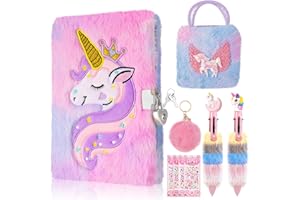Candcamp 9 Pcs Unicorn Secret Diary For Girls Fluffy Notebook with Handbag Pen Stickers Bracelet Fluffy Keyring Unicorn Stationery For Girls Age 5-12