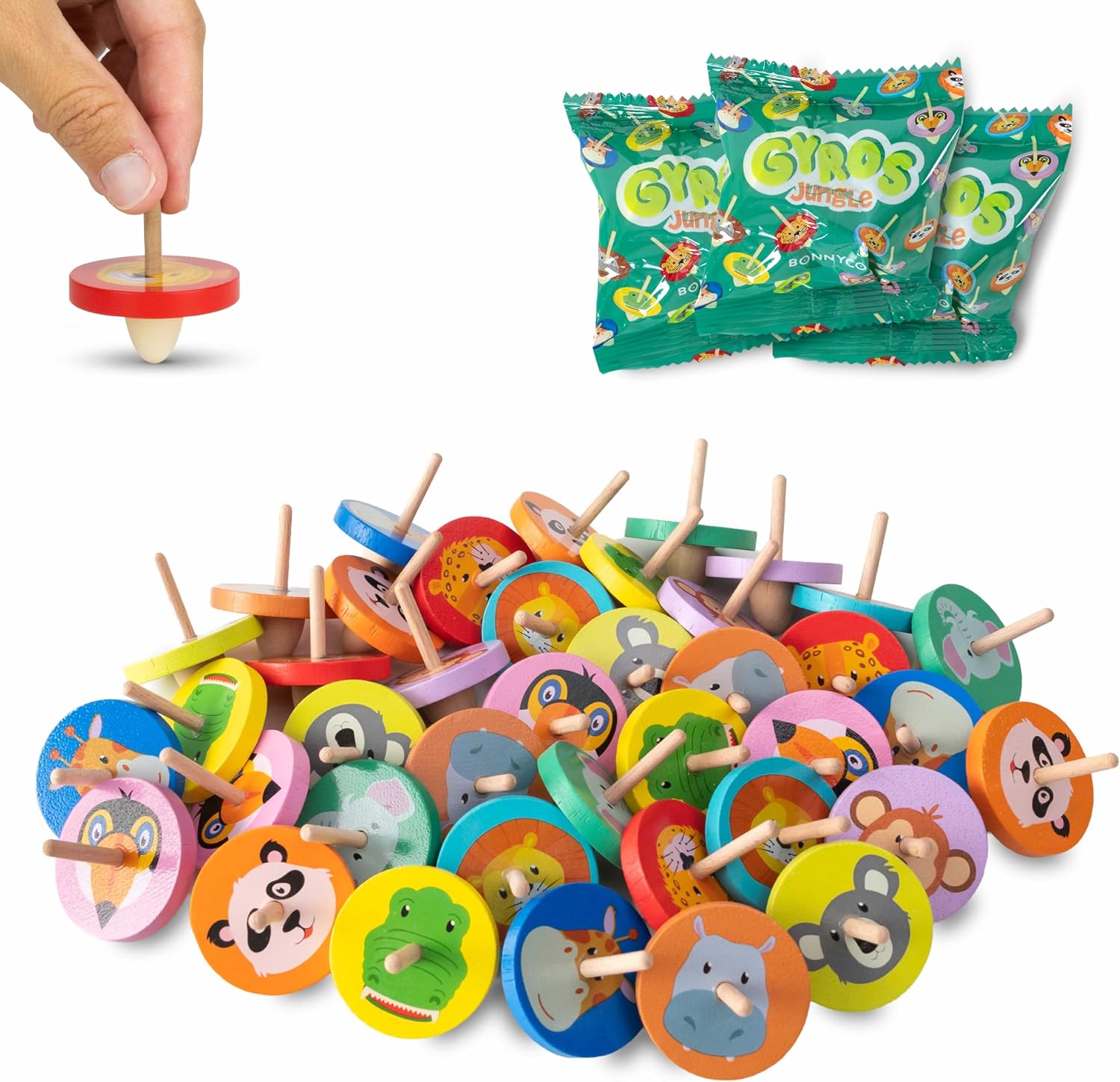 BONNYCO Peonza Madera Animales Jungla, Pack 40 Regalos Cumpleaños Niños Colegio. Detalles Cumpleaños Niños, Relleno Piñata Infantil. Regalitos Invitados, Regalos Alumnos Primaria. Juguetes Sorpresas