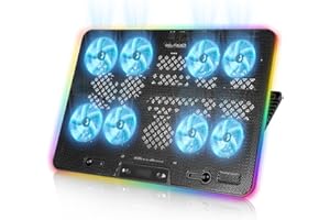 PopuLike Laptop Cooling Pad, 8-Fan Adjustable Laptop Cooler Quiet with RGB LED Display, 7-Level Height Stand for 12-17 Inch Notebook, Dual USB Ports & Phone Holder, Manual Speed Control
