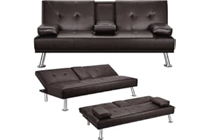 ‎YAHEETECH Yaheetech 3er-Sofa Schlafsofa Couch mit Tassenhalter Gästebett, Rückenlehne neigbar 105°/140°/180°, 167 x 81,5 x 75 cm, 350 KG belastbar, braun Kunstleder