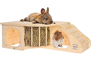 RESCH HEIMTIERBEDARF Resch Nr11 Nagerhöhle XL naturbelassenes Massivholz aus Fichte/mit Treppe zur Liegeterasse, integrierter Heuraufe, großen Eingängen und gerundeten Ecken / 60 x 19,7 x 37cm