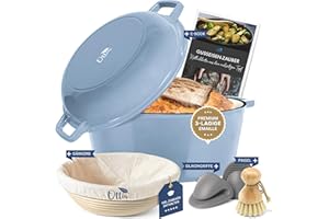 Ottia Pentola in ghisa per tutti i fornelli e il forno; cottura del pane con eBook cestino lievitazione, casseruola con coperchio 4,5 + 1,8 l di volume, pentola smaltata, cottura in ghisa a induzione,