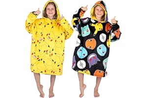 Pokémon - Couverture réversible à capuche surdimensionnée pour enfant - Super douce - Double face - Pikachu en polaire - Cadeau pour garçons - Taille unique - Noir/Jaune