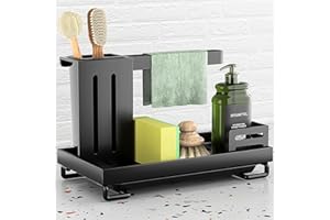 PNNP Porta Spugne Lavello Cucina Nero, da Cucina, Porta Spugna Cucina Lavello Rinforzo Aggiuntivo, in Acciaio Inox, Organizer Lavello Cucina con Vaschetta di Scarico, Facile Installazione