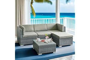 Aweather 5 Piece Rattan Garden Furniture Outdoor Rattan Corner Sofa Set, With Glass Coffee Table, for Garden, Poolside, Backyard (Grey)