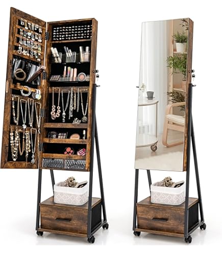 Armadietto Portagioie Con Specchio E Luci LED - In Legno Con 108 Slot Per Orecchini | Sospeso O Da Parete