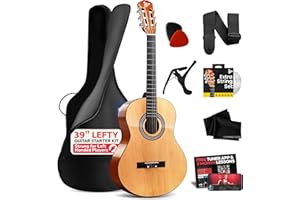 Pyle Left Handed Acoustic Guitar, Full Size 99 cm Nylon String, Classical with Capo Strap, Extra Strings, and Gig Bag for Beginners Adults Youth Kids Natural Gloss