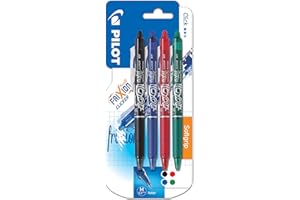 Pilot - 4 FriXion Ball Clicker - Encre Gel Effaçable - Stylo Roller Rechargeable, Rétractable et Ergonomique - Noir/Bleu/Rouge/Vert - Pointe moyenne
