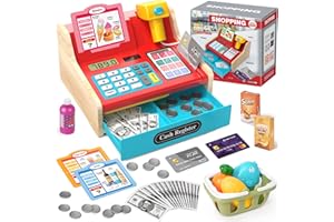 KIZJORYA 2025 Wooden Cash Register with Scanner Calculator Till Toy for Kids Ages 3+, Pretend Play Shop Toys Educational Gifts for Toddlers 3 Year Old Girls Boys, Red & Blue