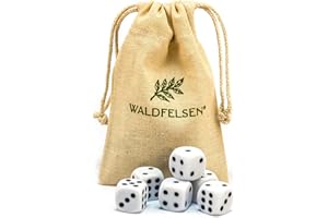 Waldfelsen® Lot de 6, 12, 20, 30 ou 50 dés de qualité supérieure de Waldfelsen® - Taille Standard - 16 mm - en Acrylique - 6 Faces - avec Sac en Tissu (Blanc, 6 pièces)