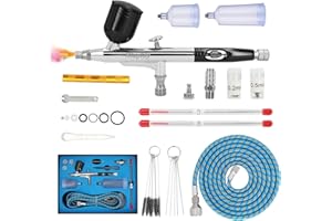 YKALL Kit de Aerógrafo Profesional de Doble Acción con Agujas de 0,2 mm/0,3 mm/0,5 mm, Tazas de 10 cc/20 cc/40 cc, Manguera y Set de Limpieza, Perfecto para Modelismo, Pintura de Coches, Uñas y Manualidades