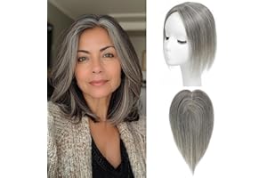 SEA SINGING Toupets für Frauen, 100% handgeknüpfte Toupets Haar Toppers für Frauen Echthaar Topper Leichtes handgeknüpfte Toupets Clip in Haarteil für Dünner Haar Oberkopf Flauschiger Glatter Hair Topper(Grey)