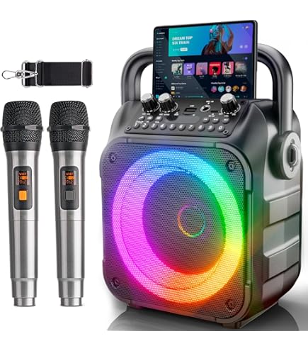 HWWR Karaoke-machine, draagbaar PA-systeem met 2 draadloze microfoons voor volwassenen en kinderen, feest Bluetooth-luidspreker met Disco-verlichting voor thuisfeest, bruiloft, kerk, vergadering, outdoor/indoor