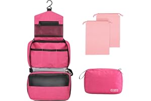 Larkumio Beauty Case Donna Bambina da Viaggio Grande Impermeabile, Borsa da Toilette Beautycase Porta Trucchi con Gancio e Maniglia, 1 Portatrucchi + 2 Borse con Coulisse, Rose