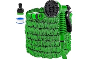 FASCINATDECO Tuyau d'Arrosage Extensible 7.5m, Tuyau Arrosage Flexible avec 1/2" et 3/4" Adaptateurs, 7 Modes d'Arrosage, Tuyau Arrosage pour Irrigation, Laver La Voiture, Baigner (7.5M,Vert)