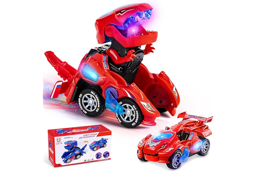 Yellcetoy Dinosaur Transforming Car, Dino Toys with Flashing Lights & Sound for Boys Girls Age 3-7 Automatic Electric Transform Cars Toy Birthday Xmas Gifts for Kids 3 4 5 6 7 Years Red