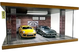 BIVITRE 1:24 Scale Die-Cast Car Garage Display Case with Transparent Acrylic Cover and LED Lighting for 2 Parking Spaces (Route 66)