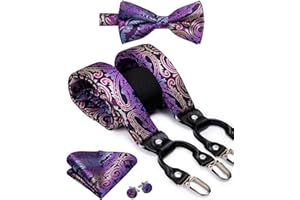 Dubulle Mens Paisley Brace and Bow Ties Silk Solid Color Stripe Pretied Suspender Set for Men Wedding Suit