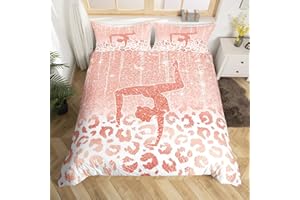 MANFEI Girls' Gymnastics Yoga Duvet Cover Set, S Size, Glitter Leopard Print Bedding Set, Children, Teens, Women, Room Decor, Cheerleader Dancer Comforter Cover, Gymnastics Sports Quilt Cover, 1 Pillowcase