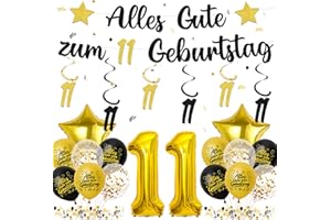Tasoraor Deko 11. Geburtstag Junge Mädchen - Schwarz Gold 11 Geburtstagsdeko Luftballons Girlande, Konfetti und XXL Zahlenballon für 11 Geburtstagsparty Dekoration