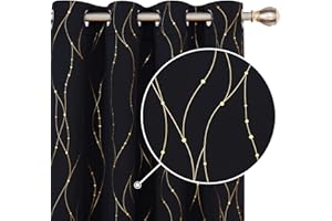 Deconovo Home Decoration Gold Dotted Line Foil Printed Blackout Curtains Energy Saving Thermal Insulated Eyelet Room Darkening Curtains for Bedroom 46 x 54 Inch Black 2 Panels