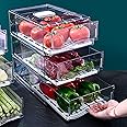 Beauenty 2 Pack Fridge Organizer,Clear Stackable Refrigerator Organiser with Lids/Drain Tray and Drawer,Kitchen Food Containers Storage Box for Food,Drinks,Vegetables,Fruits