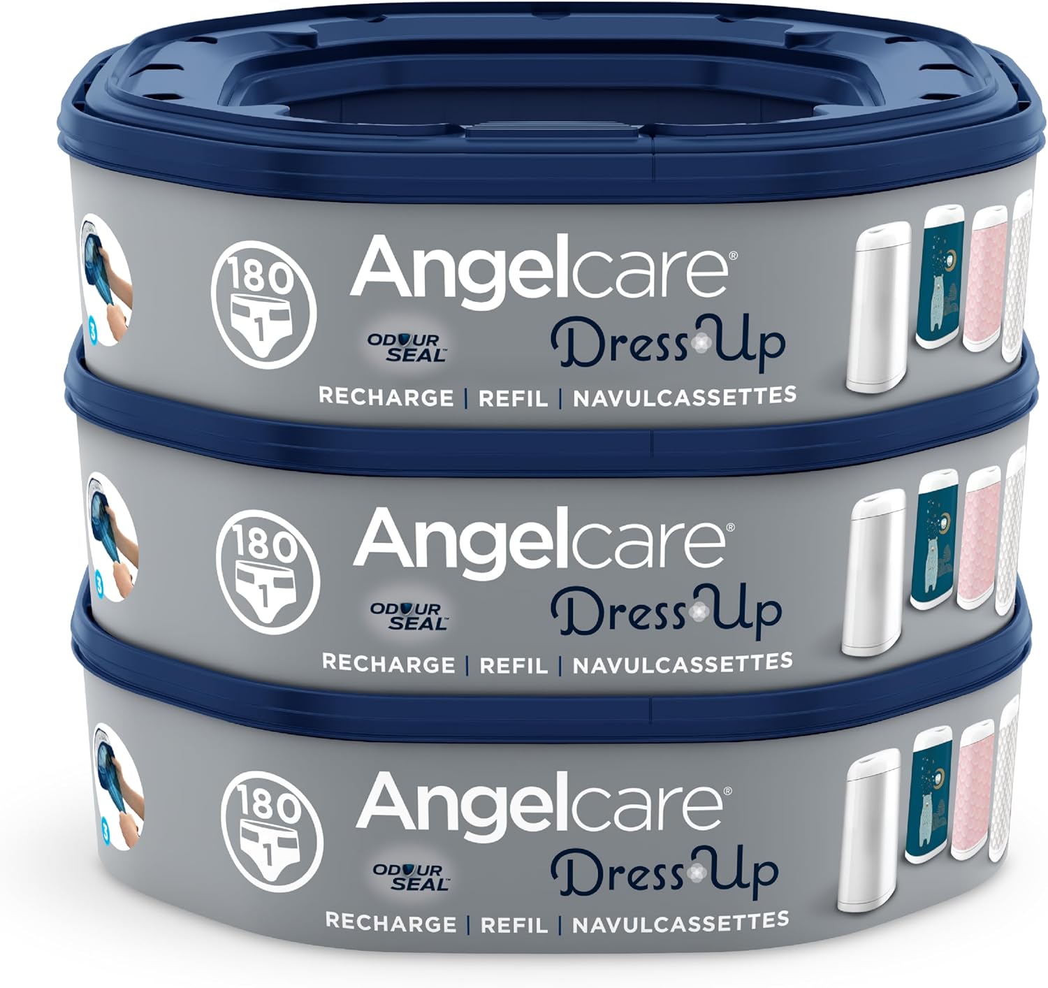 Angelcare - 3 Recharges Poubelle à Couches – Octogonale – Anti Odeur - Dress Up - Fabriqué en France