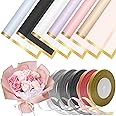 30 Sheets Flower Bouquet Wrapping Paper, COITEK Waterproof Gold Edge Flower Gift Wrapping Supplies Paper 6 Colors with 5 Rolls Ribbons for DIY Crafts, Gift Packaging