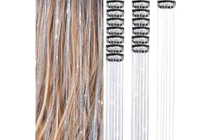 WUSJCOF 12 pezzi orpelli per capelli, con clip per extension, per donne e ragazze, accessori glitter, estensioni tinsel, sintetici, riutilizzabili per feste e acconciature (Argento)