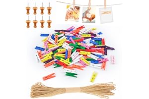 BOHORAY 100 Stück Holzklammern, 3.5×0.7cm Mini Wäscheklammern DIY Geldgeschenke Deko für Fotos, Kleine Holzklammern mit 10 Nägeln und 10 Leinen für Fotowand Verpackung Gastgeschenk (Farbe)