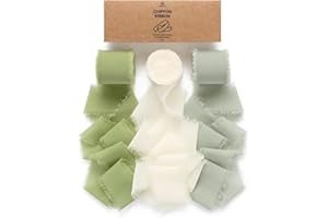 Vitalizart Set di 3 rotoli di nastro in chiffon di seta fatto a mano con frange da 3,8 cm x 2,5 m, colore verde e crema, per inviti di nozze, bouquet da sposa, confezioni regalo, decorazioni per le
