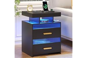 FREDEES LED Nachttisch mit Ladefunktion & RGB Licht: Beistelltische mit Menschlichen Körper Induktion 24 Farben Lichter, Nightstand mit 2 Schublade Holz Nachtkommode für Schlafzimmer/Wohnzimmer, Schwarz