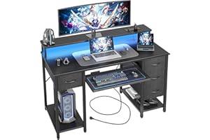 BEXEVUE Scrivania Moderna LED con Ciabatta - 120x50cm Scrivania Gaming Tavolo Computer con Supporto Monitor Vassoio per Tastiera, 4 Cassetti Reversibili, Grande Spazio Studio Gioco Lavoro Casa Ufficio