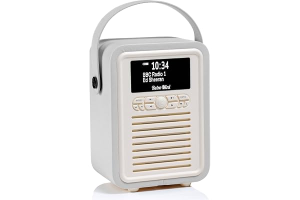 VQ Retro Mini Radio DAB Plus/DAB avec Bluetooth, FM et Radio Réveil Fonction - Alimentée par Secteur et Batterie Radio Portable avec Antenne, Prise Casque et Port de Charge USB – Gris Clair