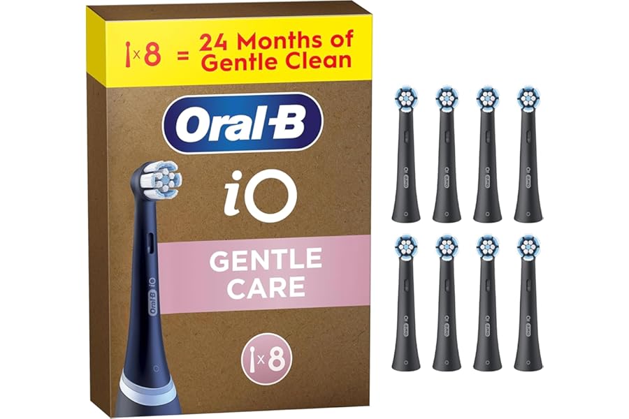 Oral-B iO Gentle Care Replacement Heads, Black, 8 Spare Parts – 8 Replacement Heads for Electric Toothbrush, Original Round for Sensitive Gums, Angled Bristles to Remove Plaque
