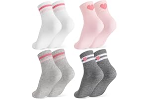 Zuimei 4 Pairs Girls Boys Crew Socks Kids Sport School Socks Junior Cute Cotton Sock with Stripe Heart