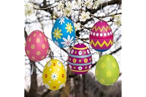 THREAN 6 Pieces Wooden Easter Eggs Yard Signs Outdoor Easter Decorations Double Sided Hanging Ornaments Large Easter Eggs Hanging Decorations for Tree Porch Party Decor
