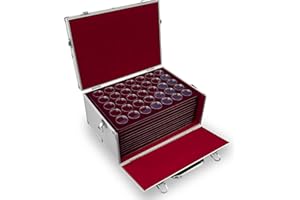 MC.Sammler Valigetta portamonete in alluminio con 11 vassoio portamonete per 385 pezzi da 10 | 20 | 25 Euro | 10 DM monete in capsule (con 385 capsule per monete da 32,5 mm)