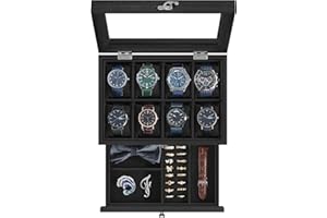 SONGMICS Caja de Relojes con 8 Ranuras, Estuche de Relojes de Madera de 2 Niveles con Tapa de Cristal, Almohadillas, Forro de Terciopelo, Regalo de Seres Queridos, Negro Tinta JOW008B02