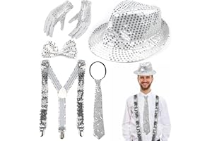 CHRI glitzer outfit herren 5er Set，glitzer hemd Zubehör deko glitzer outfit Accessoires mit Pailletten Hosenträger, hut, krawatten, fliege, handschuh für Fasching disco party