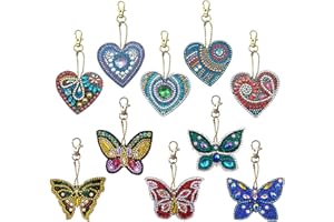 VEGCOO 10 Stück DIY 5D Diamond Art Painting Schlüsselanhänger, Rhinestone Pasted Diamant Malerei Schlüsselbund Stickerei Kunst Handwerk Anhänge (5 Schmetterling und 5 Herz)