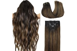 DOORES Extensiones de Clip de Pelo Natural, Balayage Marrón Oscuro Mezcla de Castaño 35cm 14 Pulgadas 7 Piezas 120g Extensiones Pelo Natural Clip Extensiones de Cabello Humano Natural Auténtico