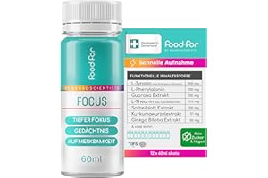 FOODFOR FOCUS Booster dopamine 60ml – Schnelle Aufnahme, Deep Focus, Gedächtnis & Konzentration – L-Theanin, L-Tyrosin, Guarana, Salbei, Kurkuma, Ginkgo Biloba – Zuckerfrei, Schweizer Qualität 12-Pack